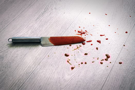 The blade of the knife in the blood lies on the floor. Stabbing and injury, crime. Aggression photo