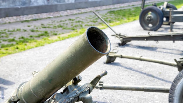 Military mine-thrower. Military conflict and weapons. War, close-up photo