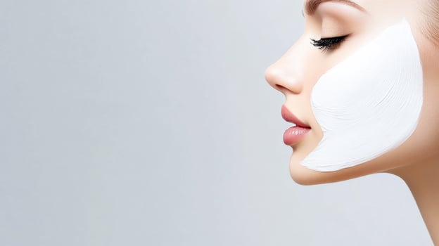 A woman with a white face mask on. The woman is smiling and looking at the camera. The image has a light and cheerful mood photo