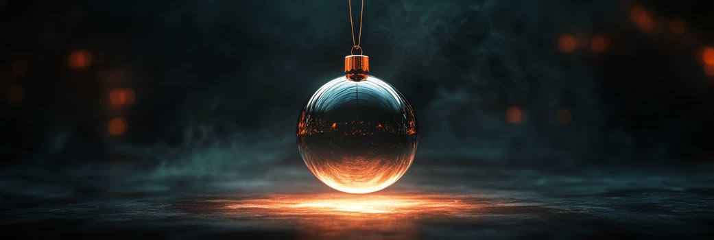 A reflective glass ornament hanging against a dark textured background during the holiday season photo
