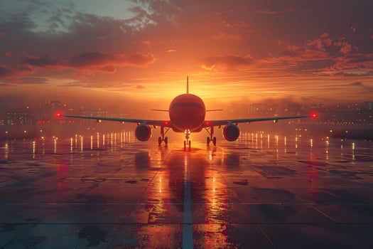 Sunset Flight Arrival Airplane Landing on a Wet Runway at Twilight photo