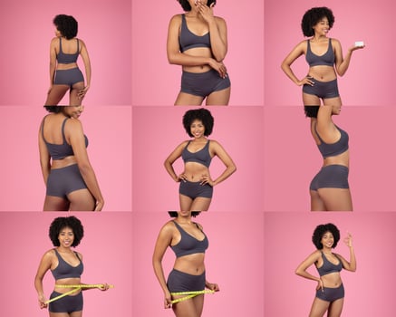 African American woman showcases her activewear through diverse poses, highlighting body positivity and fitness. The vibrant pink background enhances her confident expression and movements. photo