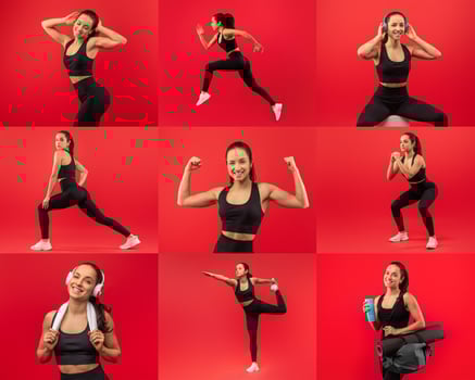 A young woman demonstrates various fitness poses, including running, stretching, and weightlifting, against a bright red backdrop photo