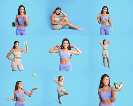 A young woman dressed in colorful activewear demonstrates different fitness activities photo