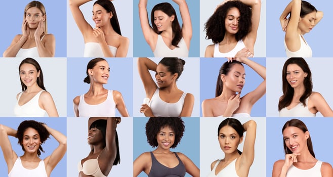 A group of women with diverse looks and hairstyles display unique poses, radiating confidence in front of soft pastel backgrounds. The setting highlights individuality and self-expression. photo