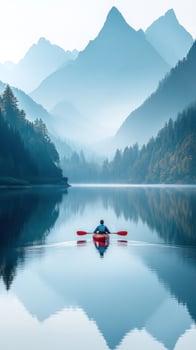 Solo Kayaking Through Misty Mountain Lake Reflections photo
