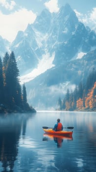 Kayaking on a Still Mountain Lake Surrounded by Trees photo
