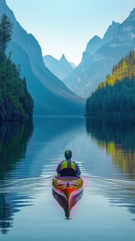 Kayaker Paddling on Serene Mountain Lake at Dawn photo