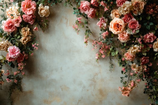 Beautiful floral arrangement forming a frame on vintage wall photo