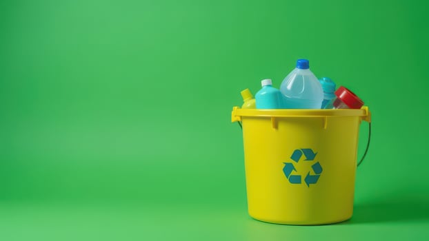 Colorful recyclable plastic bottles in yellow bin against green background. word pollution prevention day photo