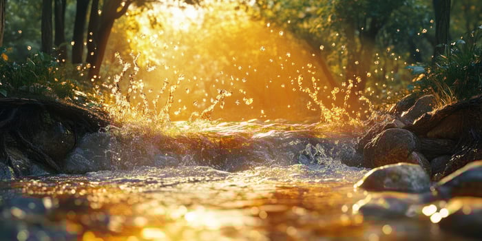 Golden Sunlight Reflecting on Rushing Water in a Forest Stream photo