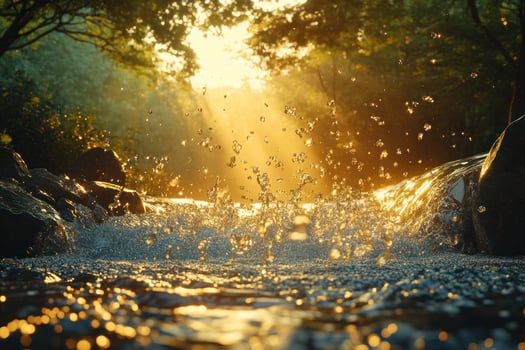 Golden Sunlight Illuminating Water Droplets Splashing on a River Stream photo
