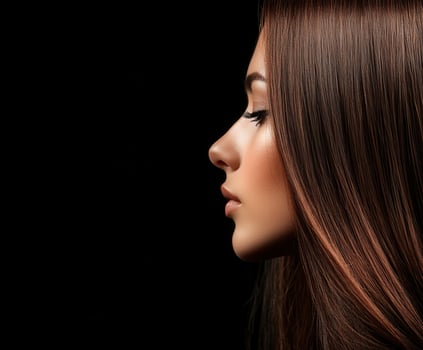 Profile of a woman with long hair lit against darkness photo