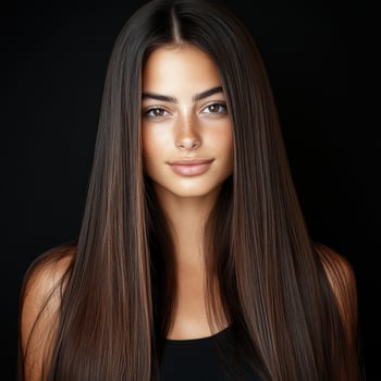 Young woman with long, straight hair posing against a black background photo