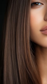 Close-up of a womans face highlighting her smooth skin and hair texture photo