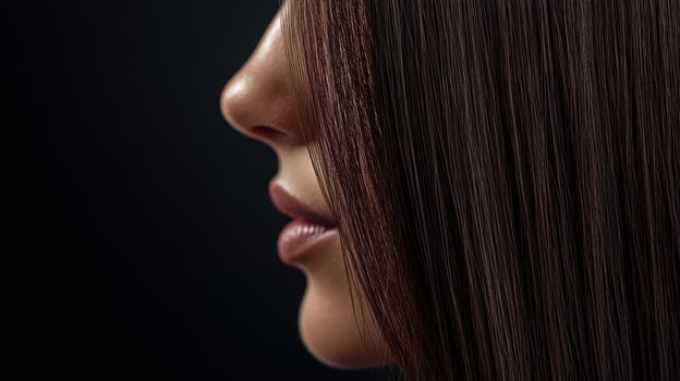 Profile of a woman showcasing sleek, straight hair in low light photo
