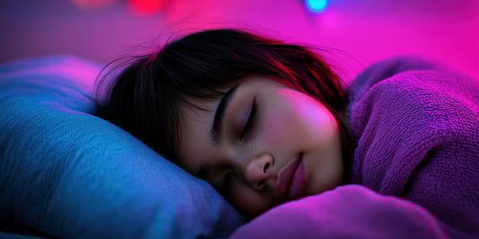 A young woman peacefully sleeping in a cozy, softly lit bedroom photo