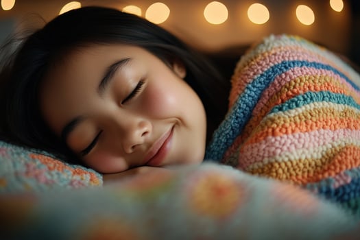 A child peacefully sleeping under a colorful blanket at night photo