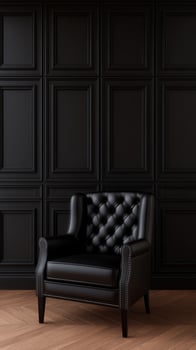 Elegant black tufted armchair against a sleek dark wall interior photo