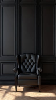 Elegant black leather chair against a dark paneled wall in a stylish room photo