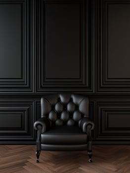 Elegant black leather chair against a dark paneled wall in a modern room photo
