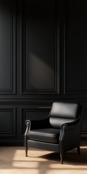 Elegant black leather armchair against a dark paneled wall in modern room photo