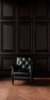 Elegant black leather chair against a dark paneled wall in a stylish room photo