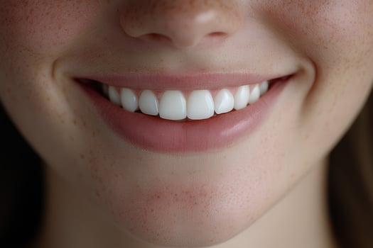 Smiling young woman with bright white teeth and natural beauty indoors photo