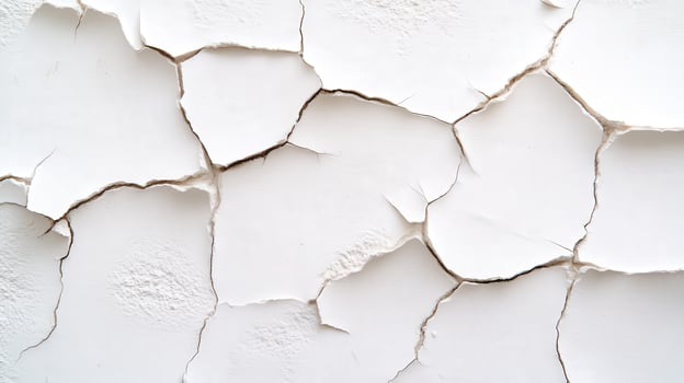 Cracked white wall with peeling paint in a neglected interior space photo