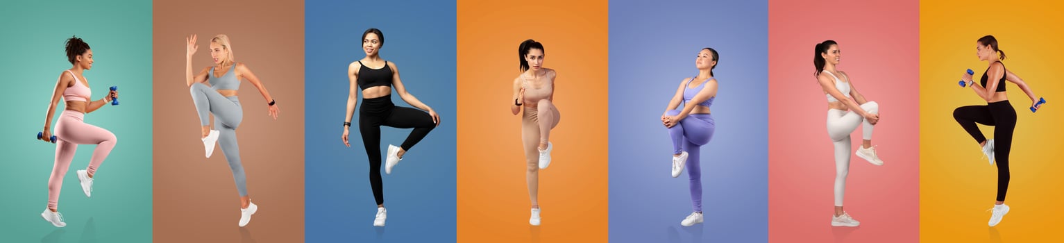 A group of women showcases various exercises using dumbbells against vibrant backgrounds. Each woman demonstrates a unique workout pose, highlighting strength and fitness. photo