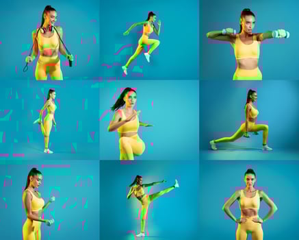 A woman wearing yellow activewear performs different exercises, including jumping rope, lunging, and weightlifting, against a bright blue background, showcasing her fitness routine. photo