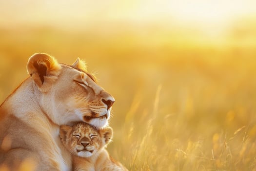 Lioness cuddles her cub in a golden savanna at sunset, creating a serene moment of maternal affection photo