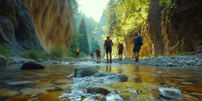 Hikers Crossing a Stream in a Forest Gorge photo