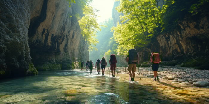 Hikers Traverse a Rocky Stream in a Lush Canyon photo