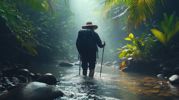 Silhouette of a Hiker with Backpack and Trekking Poles in a Misty Jungle Stream photo