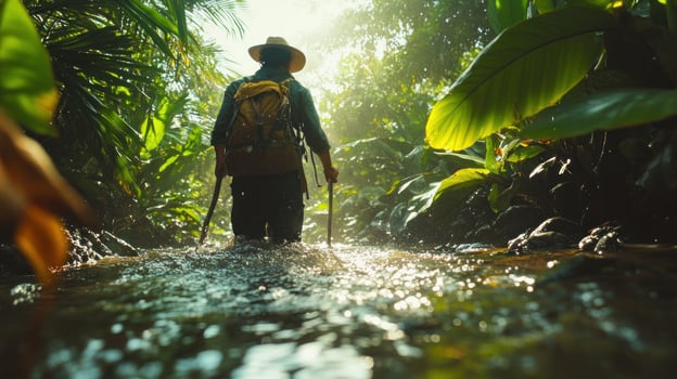 A lone hiker traversing a shallow jungle stream photo