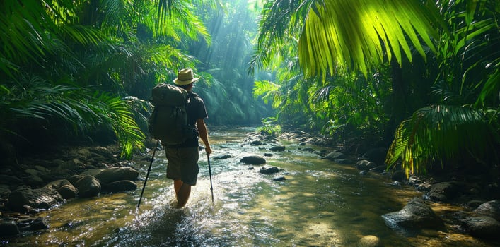 A Backpacker Wades Through a Sun-Dappled Jungle Stream photo