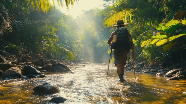 Solo Backpacker Trekking Through a Lush Jungle Stream photo