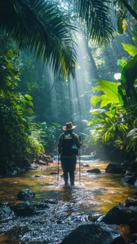 A lone hiker with a backpack and trekking poles walks through a lush jungle stream, sunlight beams through the canopy photo