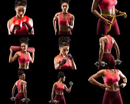 African American woman in athletic attire demonstrates different fitness exercises, including boxing, weightlifting, and measuring her waist, reflecting her commitment to health and fitness. photo
