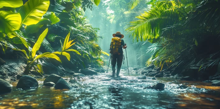 A lone hiker walks through a lush, jungle stream with a backpack and trekking poles. photo