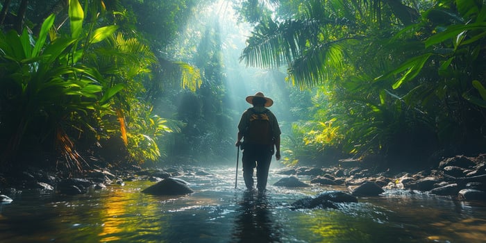 A lone hiker wading through a lush, sun-dappled jungle stream photo