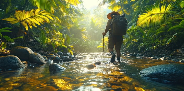 A Lone Hiker Navigates a Tranquil Jungle Stream photo