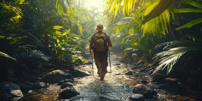 Hiker Navigating a Stream Through Lush Rainforest photo