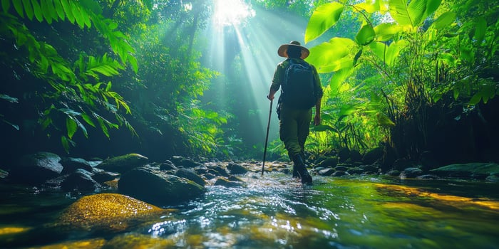 A lone hiker walks through a sun-dappled jungle stream. photo