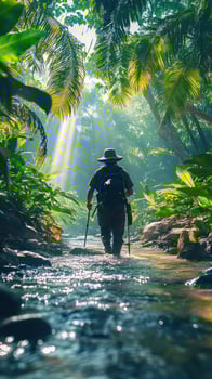 A lone hiker traverses a sun-dappled jungle stream. photo