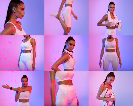 A fitness enthusiast demonstrates different workout poses in stylish athletic wear. The setting features vibrant backgrounds, highlighting the dynamic movement and energy of the session. photo