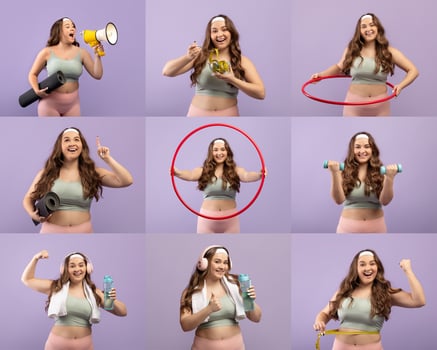 A joyful overweight lady engages in various fitness activities, showcasing enthusiasm while using props like a hula hoop and dumbbells, encouraging a vibrant lifestyle and positivity. photo