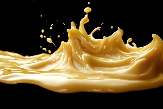 Caramel Sauce Splash with Droplets Against Black Background photo