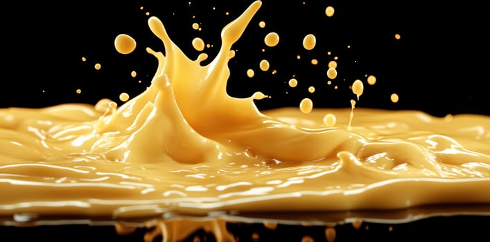Golden Liquid Splash with Droplets on Black Background photo